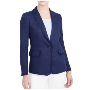 J. Crew 100% Linen Blazer Ruffle Trim Navy Size 2 Minimalist Lightweight Soft